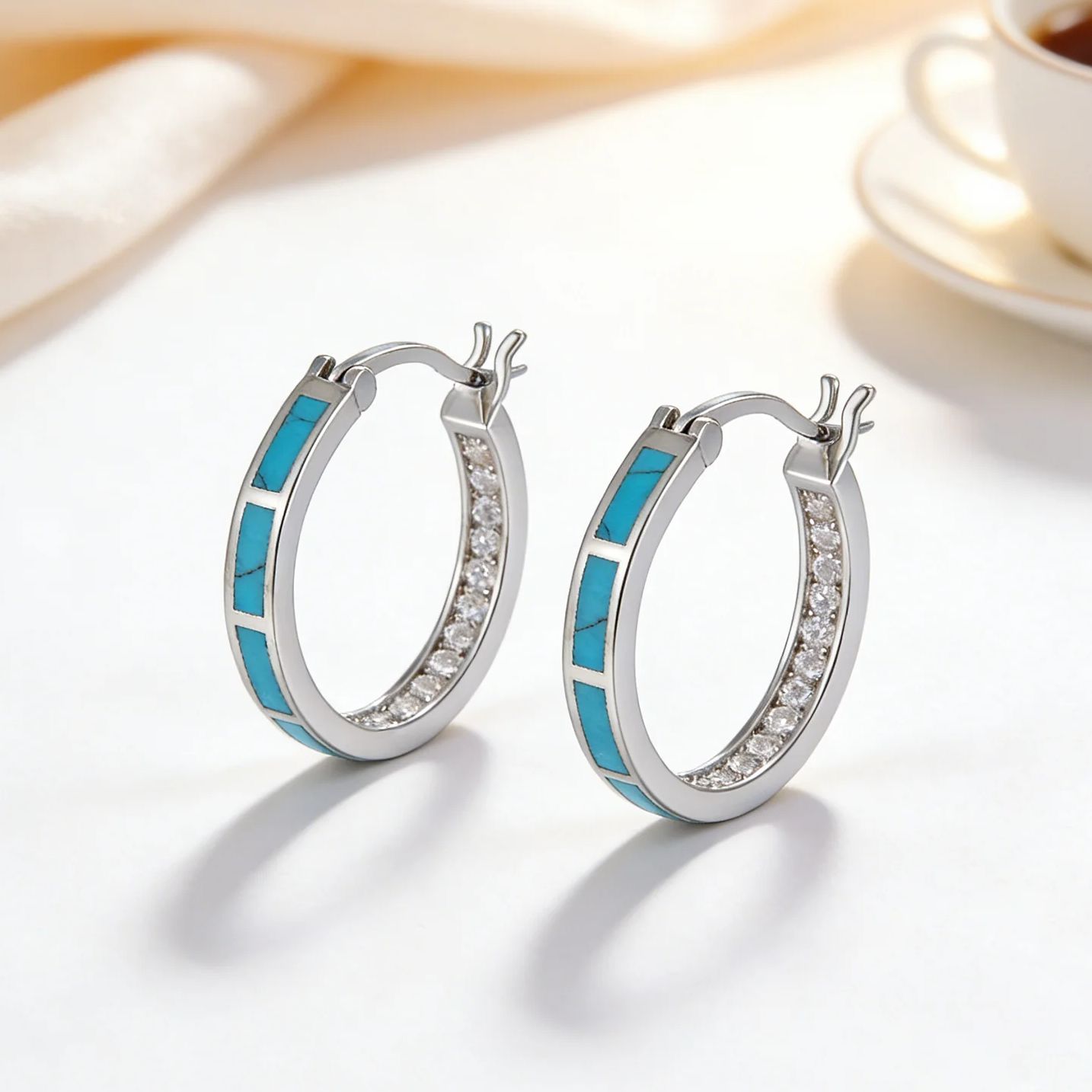 Turquoise Stone Ring - Brincos de argola hipoalergênicos de turquesa
