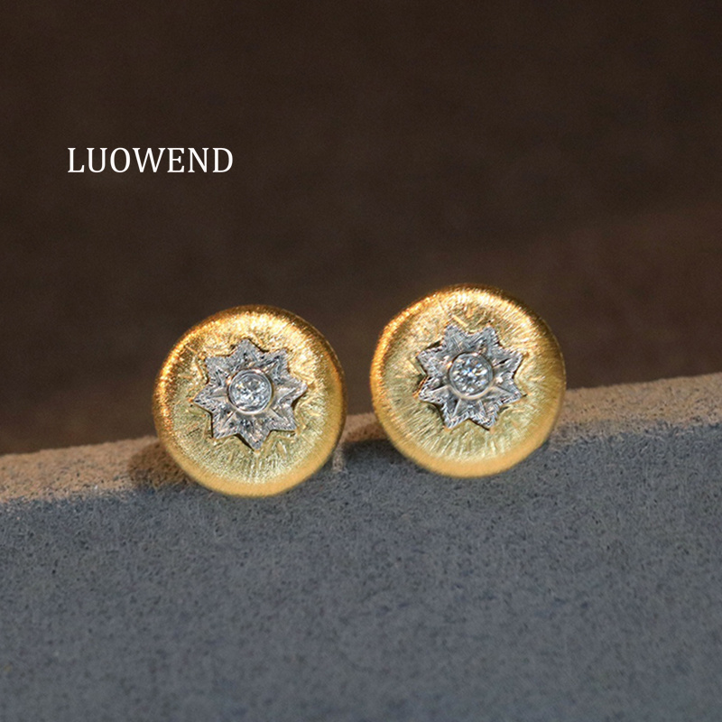 Diamond Stud Earrings - Brincos LUOWEND 100% Ouro Amarelo 18K
