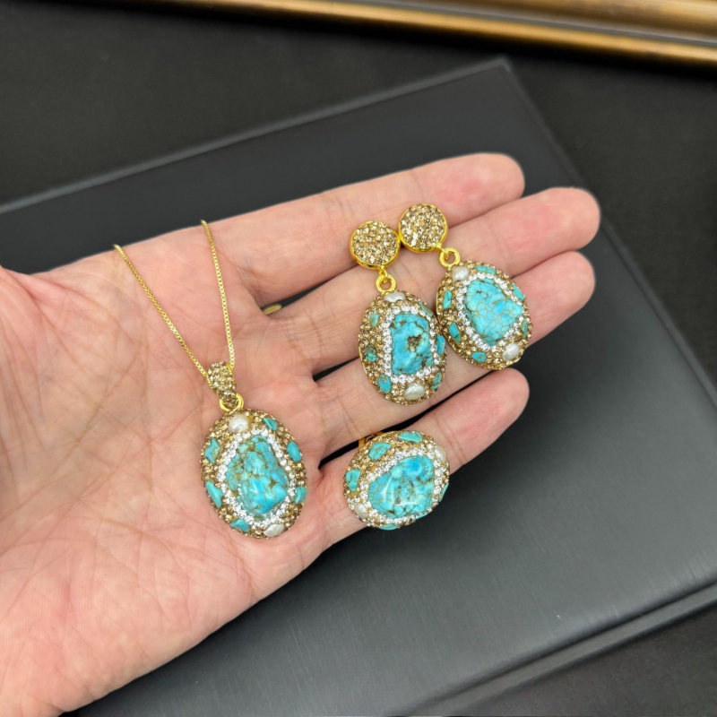 Conjunto de Joias Elegante par - Turquoise Stone Ring avaliação e preço